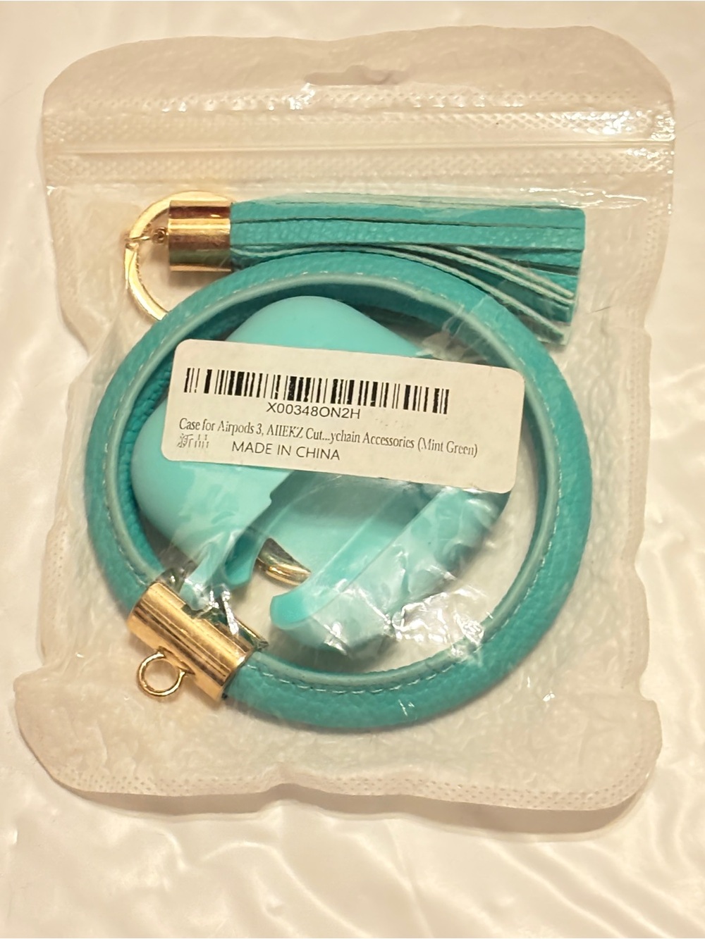 Mint Green Leather Wristlet Keychain with Tassel and AirPods 3 Case